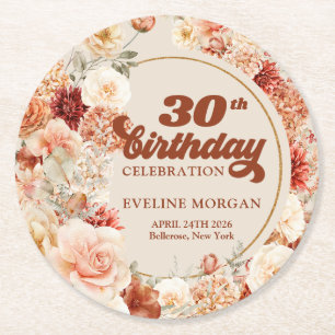 Retro groovy script terracotta flowers 30 birthday round paper coaster