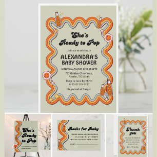 Retro Groovy Shes Ready to Pop Sage Green Invitation