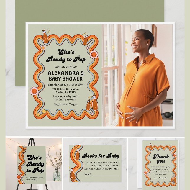 Retro Groovy Shes Ready to Pop Sage Green Invitation (Creator Uploaded)