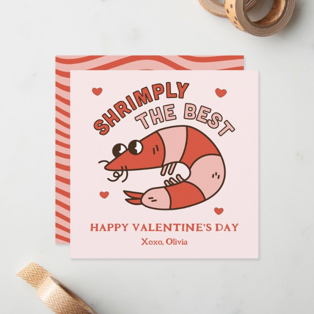 Retro Groovy Shrimply The Best kids Valentine's Note Card (Front/Back In Situ)