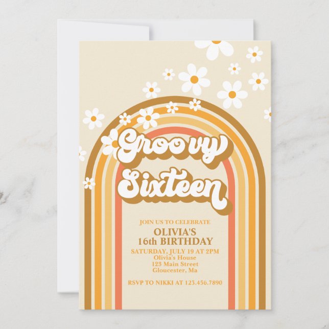 Retro Groovy Sixteen Rainbow Daisy 16th Birthday Invitation (Front)