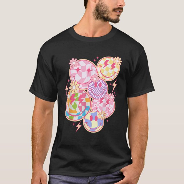 Retro Groovy Smile Face Flower Happy Face Checkere T-Shirt (Front)