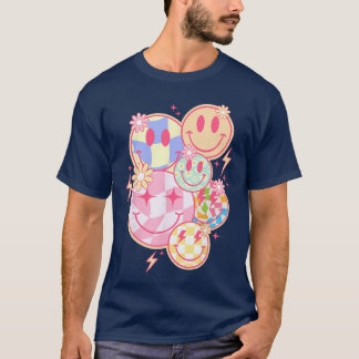 Retro Groovy Smile Face Flower Happy Face Checkere T-Shirt
