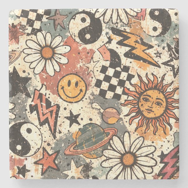 Retro Groovy Smiley Sun Daisy Psychedelic Pattern Stone Coaster (Front)