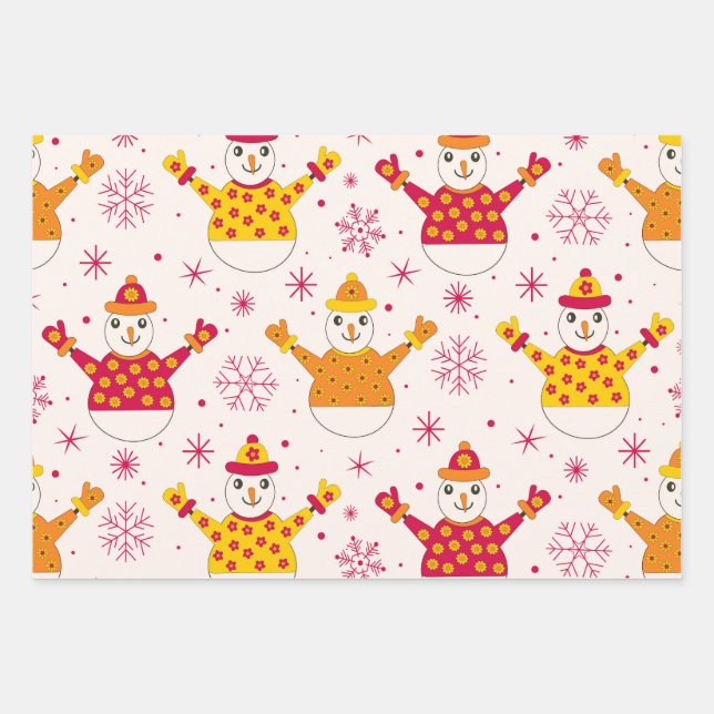 Retro Groovy Snowmen Pattern Christmas  Wrapping Paper Sheets (Front 2)