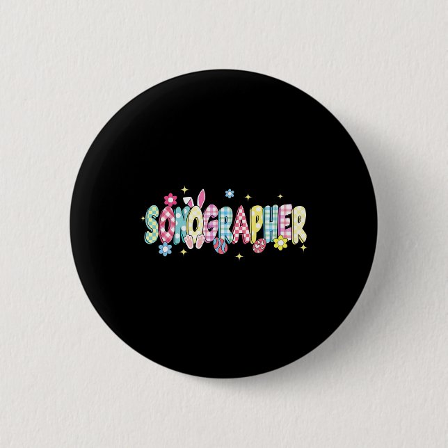 Retro Groovy Sonographer Bunny Ear Funny Easter Gi Button (Front)