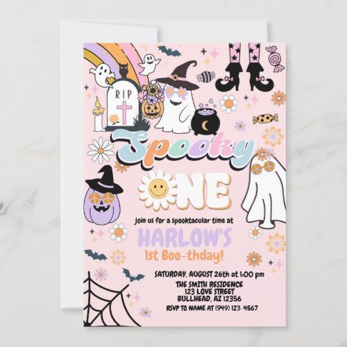 Retro Groovy Spooky One Halloween 1st Birthday Invitation