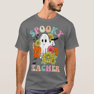 Retro Groovy Spooky Teacher Fall Floral Ghost Hall T-Shirt