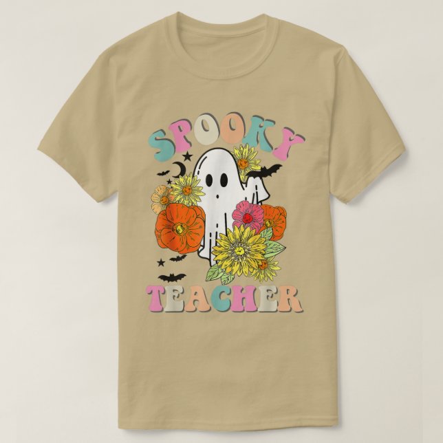 Retro Groovy Spooky Teacher Fall Floral Ghost Hall T-Shirt (Design Front)