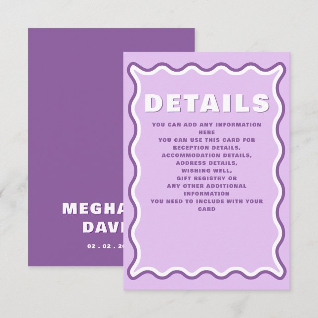 Retro Groovy Squiggle Wavy Curve Purple Wedding  Enclosure Card (Front/Back)