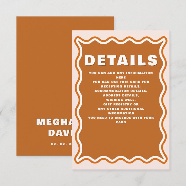 Retro Groovy Squiggle Wavy Terracotta Wedding  Enclosure Card (Front/Back)