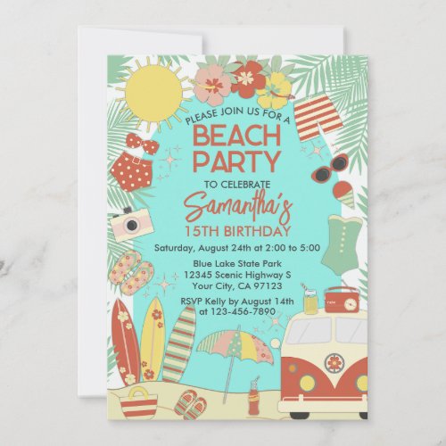 Retro Groovy Stylish Beach or Pool Birthday Party Invitation