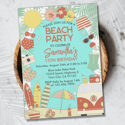 Retro Groovy Stylish Beach or Pool Birthday Party Invitation