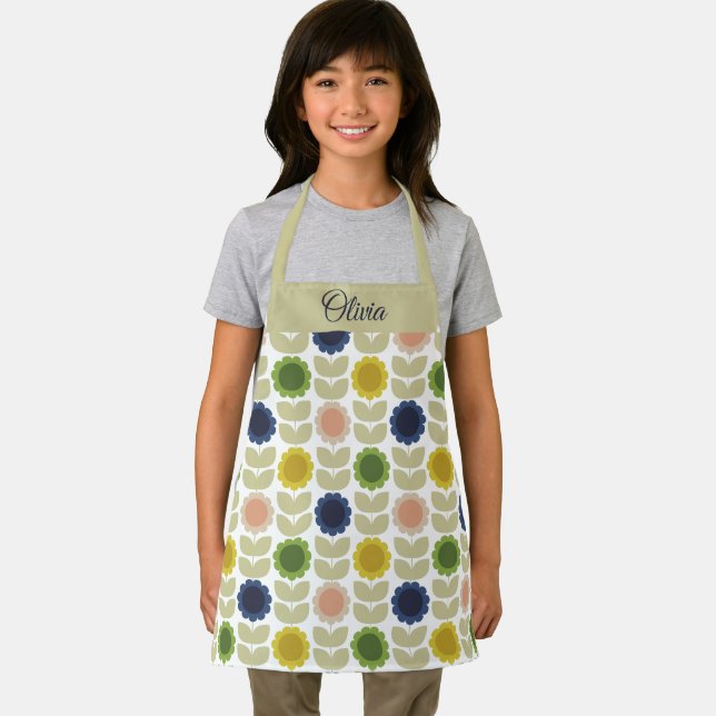Retro Groovy Summer Flowers Stems Apron (Insitu)