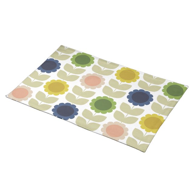 Retro Groovy Summer Flowers Stems Cloth Placemat (On Table)