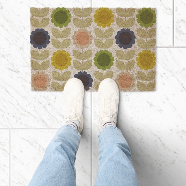 Retro Groovy Summer Flowers Stems Fiber Doormat (Insitu)