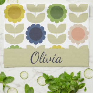 Retro Groovy Summer Flowers Stems Kitchen Towel
