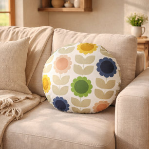Retro Groovy Summer Flowers Stems Round Pillow