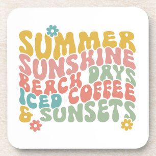 Retro Groovy Summer Pink Monogram Name  Beverage Coaster