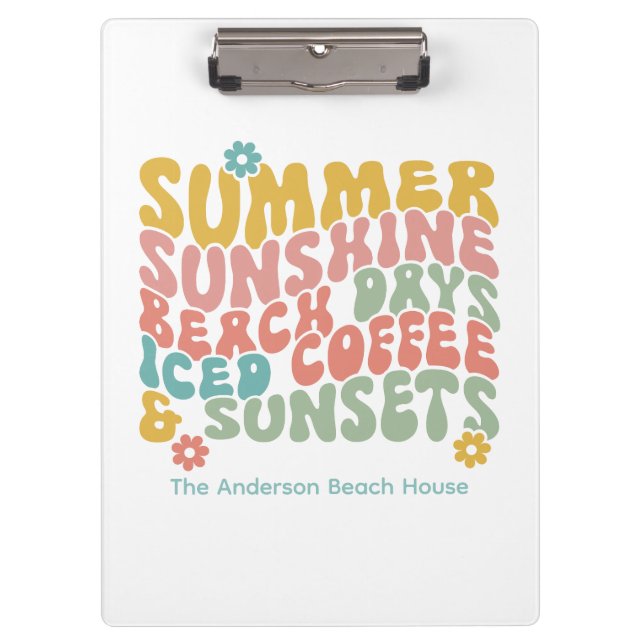 Retro Groovy Summer Pink Monogram Name  Clipboard (Front)