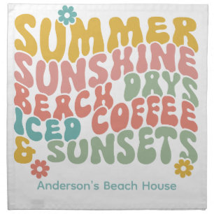 Retro Groovy Summer Pink Monogram Name Cloth Napkin