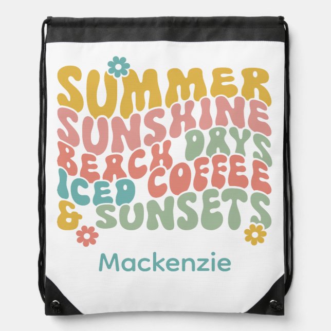 Retro Groovy Summer Pink Monogram Name  Drawstring Bag (Front)