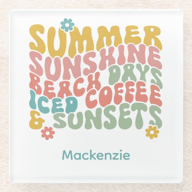 Retro Groovy Summer Pink Monogram Name  Glass Coaster (Front)
