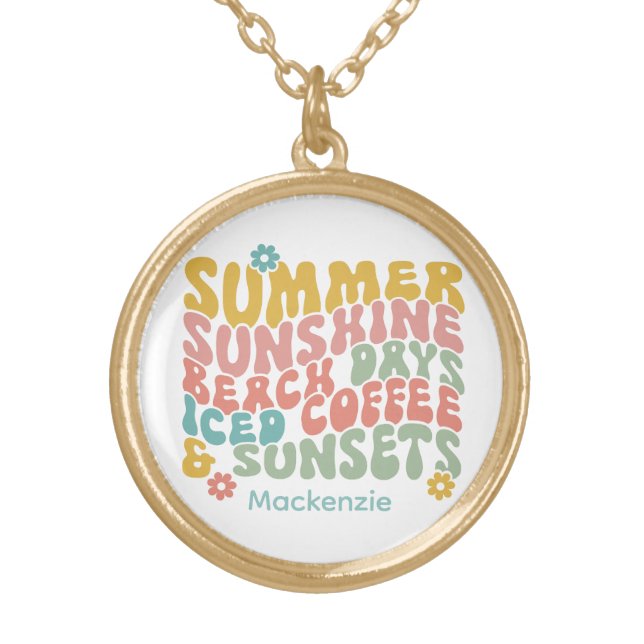 Retro Groovy Summer Pink Monogram Name  Gold Plated Necklace (Front)