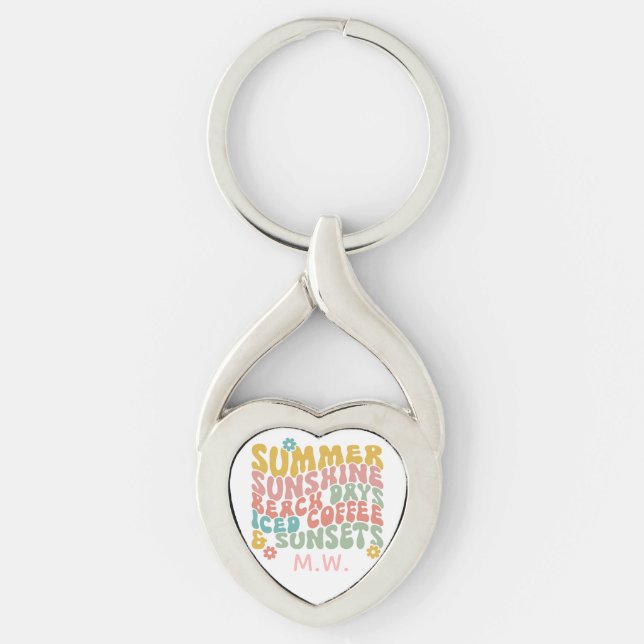 Retro Groovy Summer Pink Monogram Name  Keychain (Front)