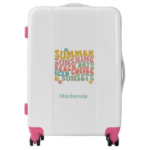 Retro Groovy Summer Pink Monogram Name Luggage