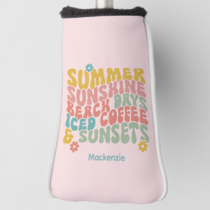 Retro Groovy Summer Pink Monogram Name Luggage Tag Golf Head Cover