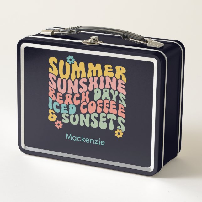 Retro Groovy Summer Pink Monogram Name  Metal Lunch Box (Front)