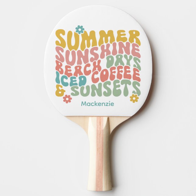 Retro Groovy Summer Pink Monogram Name  Ping Pong Paddle (Front)