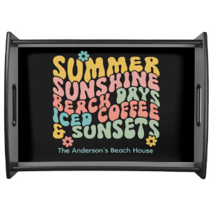 Retro Groovy Summer Pink Monogram Name Serving Tray