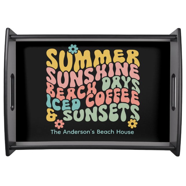 Retro Groovy Summer Pink Monogram Name  Serving Tray (Front)