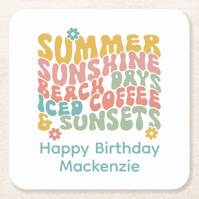 Retro Groovy Summer Pink Monogram Name  Square Paper Coaster (Front)