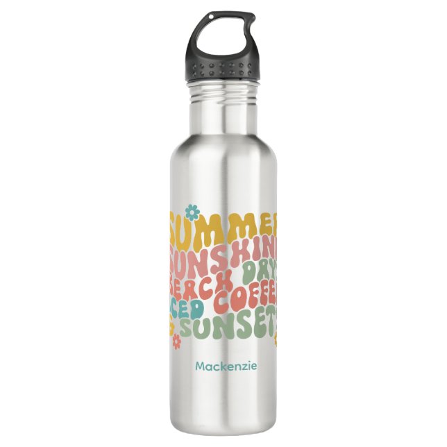 Retro Groovy Summer Pink Monogram Name  Stainless Steel Water Bottle (Front)