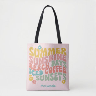 Retro Groovy Summer Pink Monogram Name Tote Bag
