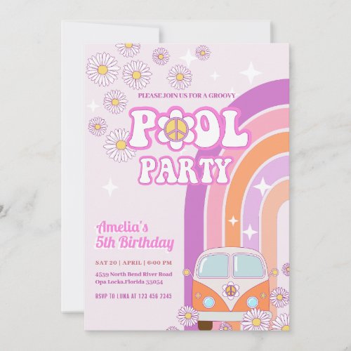  Retro Groovy Summer Pool Party purple Birthday Invitation