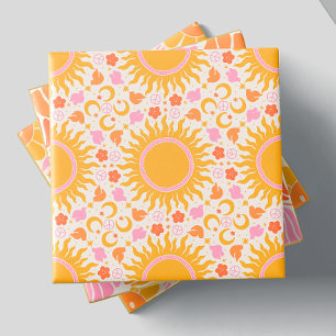 Retro Groovy Sun Peace Pattern Yellow Orange Pink Ceramic Tile