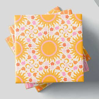 Retro Groovy Sun Peace Pattern Yellow Orange Pink Ceramic Tile