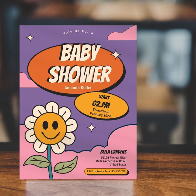 Retro Groovy Sunflower Baby Shower Invitation (Creator Uploaded)