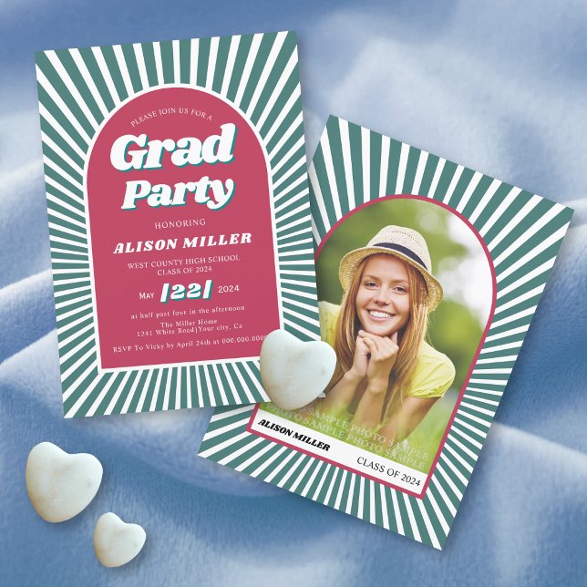 Retro groovy sunrays 70s  teal, magenta Graduation Invitation (Creator Uploaded)