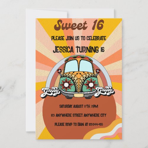 Retro groovy Sweet Sixteen Birthday Invitation 