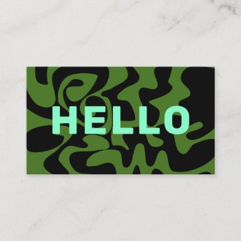 Retro Groovy Swirl Hello Olive Army Green Mint Business Card by TabbyGun at Zazzle