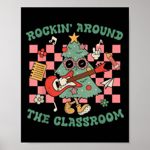 Retro Groovy Teacher Christmas Rockin' Around The Poster