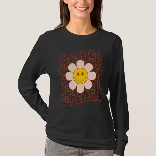 Retro Groovy Teacher Happy Face Cute Daisy Flower  T-Shirt (Front)