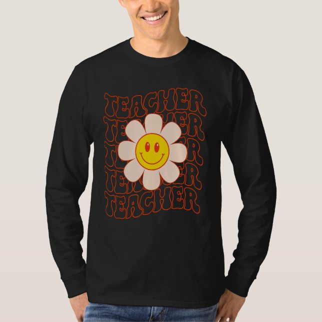 Retro Groovy Teacher Happy Face Cute Daisy Flower  T-Shirt (Front)