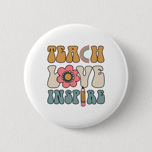 Retro Groovy Teacher Inspirational Happy Ck To Sch Button (Front)