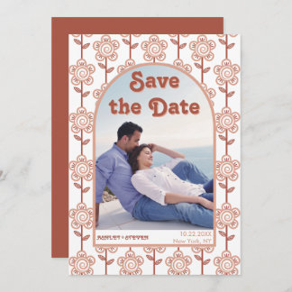 Retro groovy terracotta 70s inspired wedding save the date